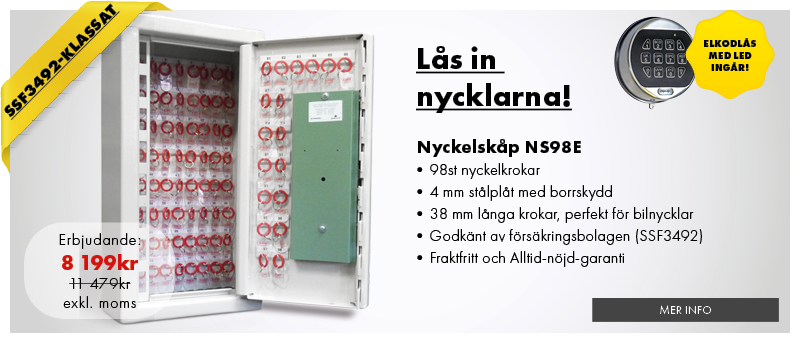 Nyckelskåp NS98E. Godkänt enligt SSF 3492. Elkodlås ingår. Säljes för 4999kr exkl moms.