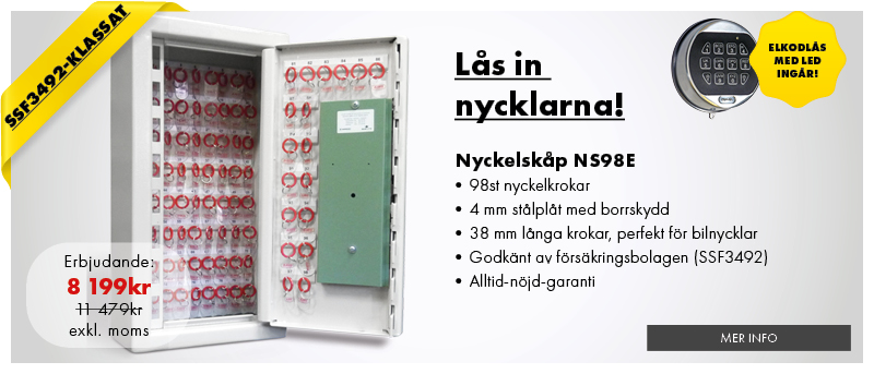 Nyckelskåp NS98E. Godkänt enligt SSF 3492. Elkodlås ingår. Säljes för 4999kr exkl moms.