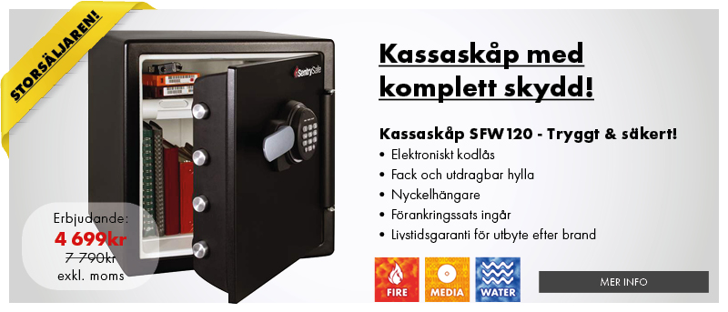 Kassaskåp SWF120 med komplett skydd mot stöld, brand och vatten! Just nu 4399 exkl moms.