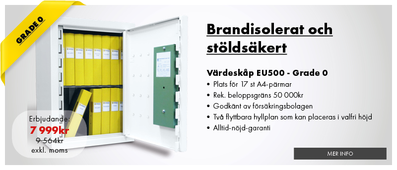 Värdeskåp EU500 - brandisolerat och stöldsäkert. Godkänt enligt SS EN 1143-1, Grade 0. Nu 5490kr exkl moms.