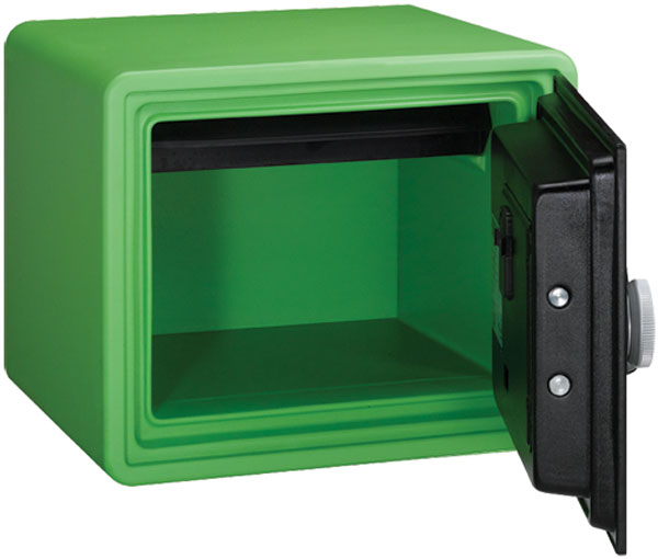 Låsbart dokumentskåp D20 Grön med öppen dörr, utrustad med kodlås