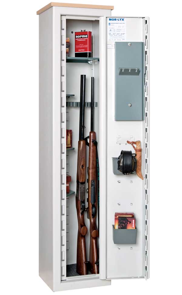 Jägarexamenspaket för 2-5 vapen. Med kodlås, 2 dörrboxar och flyttbar överhylla.