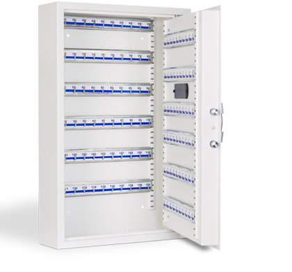Nyckelskåp för kontor och företag. Utrustad med kodlås för förvaring av 120 nycklar eller nyckelknippor. Stöldfördröjande skåp. Anpassningsbara nyckelkrok i höjdled.