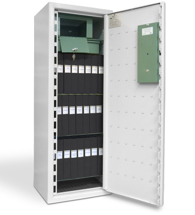 Säkerhetsskåp EU1600 L300 utrustad med både låsbart bankfack och utdragbar låda. Hela skåpet är brandisolerat. Kodlåset har LED-belysning samt 1000 000 koder att välja mellan.