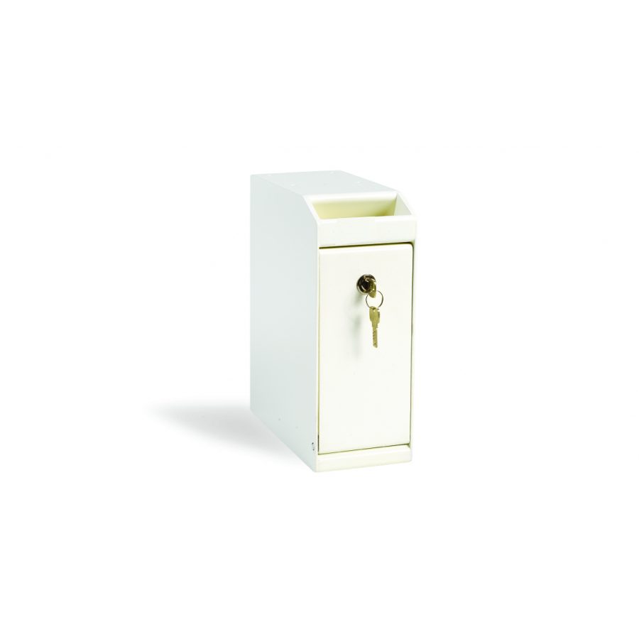 Ljusbeige sedelbox med nyckellås och en nyckel i låset, samt ett öppet fack upptill.