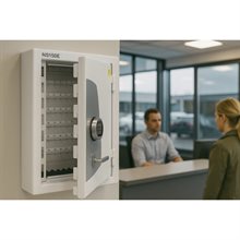 Vitt nyckelskåp med öppen dörr och digitalt kodlås, synliga numrerade krokar, i kontorsmiljö.