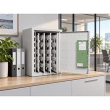 Ljusgrått nyckelskåp med öppen dörr och grön panel, fyllt med nycklar, i kontorsmiljö.