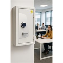 Ljusgrått kassaskåp med digitalt kodlås och silverfärgat handtag, dörren stängd, i kontorsmiljö.