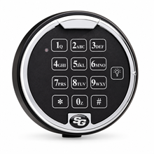 Rund, svart digital kodpanel med kromfärgad ring, vita knappar med siffror och symboler, samt en röd indikatorlampa.