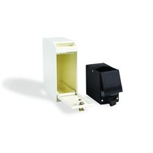 Ljusgul sedelbox i metall med öppen utdragbar låda och en svart tygbox med flik bredvid.