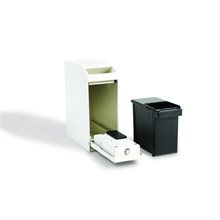 Gräddvit sedelbox med utdragen låda som visar kodlåset. En separat svart plastinsats står bredvid.